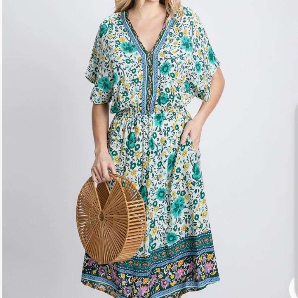 Jade Blue & Teal V Neck Cinched Waist Dress